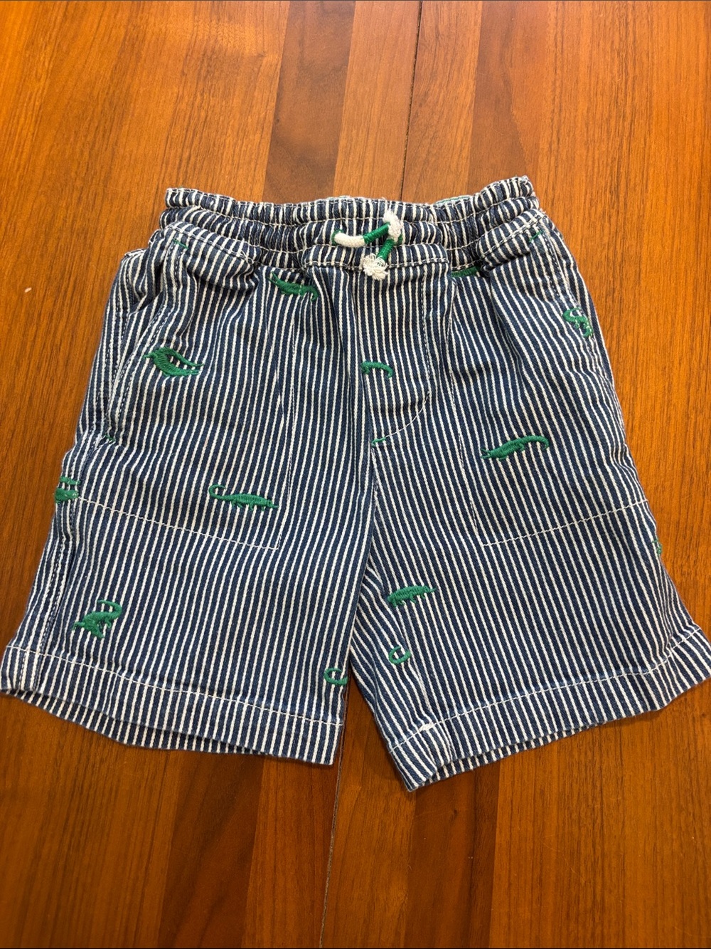 Boden Navy and White Striped Shorts with Green Embroidery crocodiles